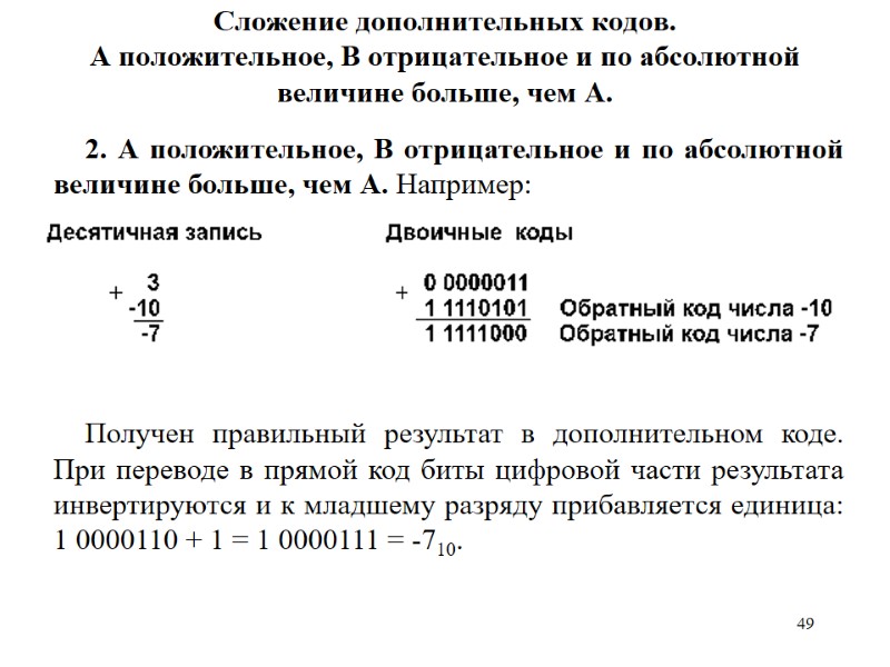 49 Сложение дополнительных кодов. А положительное, B отрицательное и по абсолютной величине больше, чем